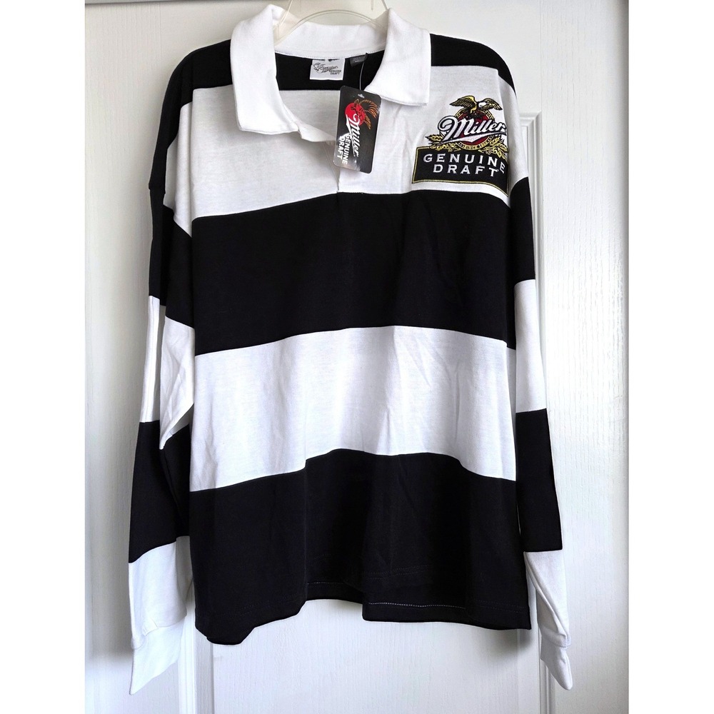 Miller Genuine Draft Mens Rugby Shirt Long Sleeve Striped Black White MGD Sz M‎